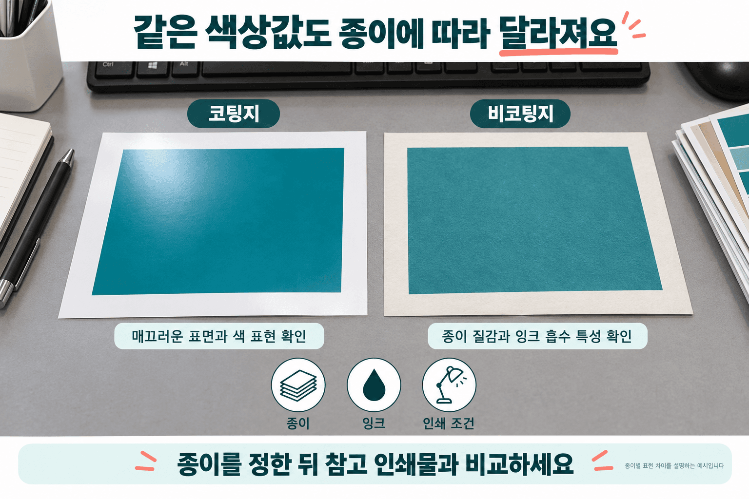 청록색을 인쇄한 코팅지와 비코팅지의 색감과 표면 질감 비교