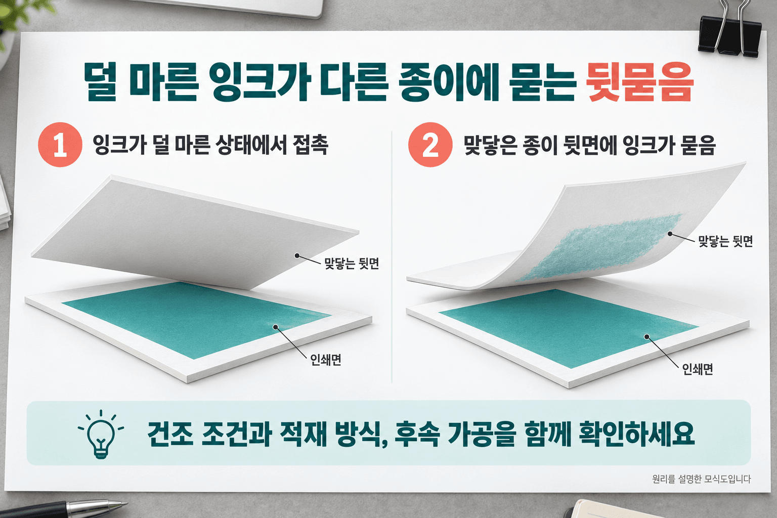 덜 마른 청록색 잉크가 맞닿은 종이 뒷면에 묻는 과정을 보여주는 모식도