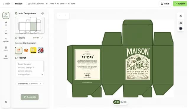 Flat design template for a green chocolate box, labeled "Maison" with floral motifs and text detailing the product on the side panel.