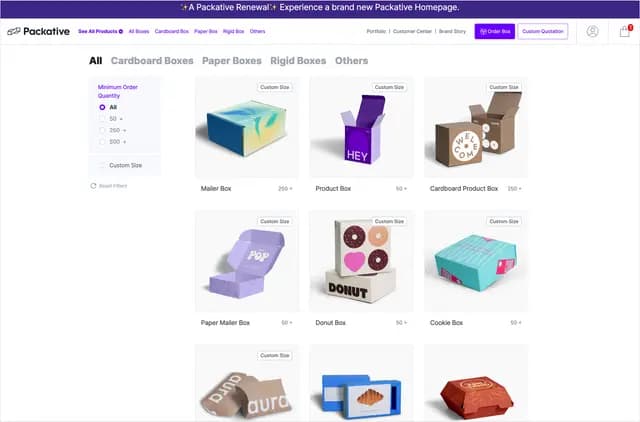 Product page displaying various custom-sized boxes including mailer, product, cardboard, paper, donut, and cookie boxes with quantity filters.