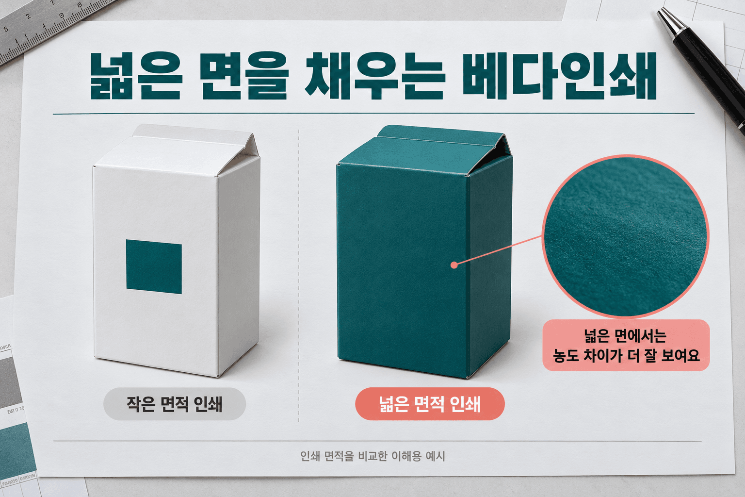작은 청록색 사각형이 있는 흰 상자와 전체가 청록색인 상자의 인쇄 면적 비교