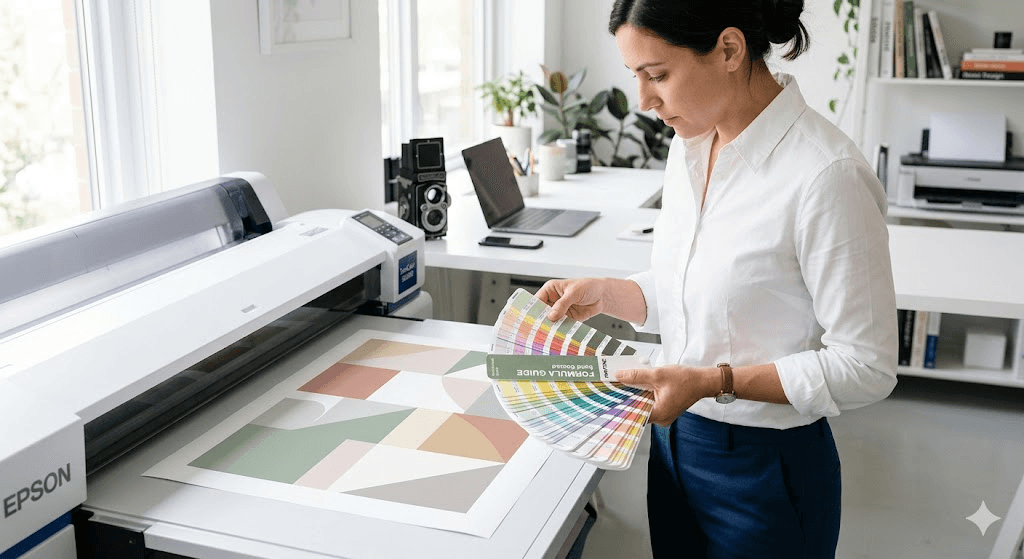 A woman examines a color guide beside a large printer producing abstract art in a bright, modern office space.