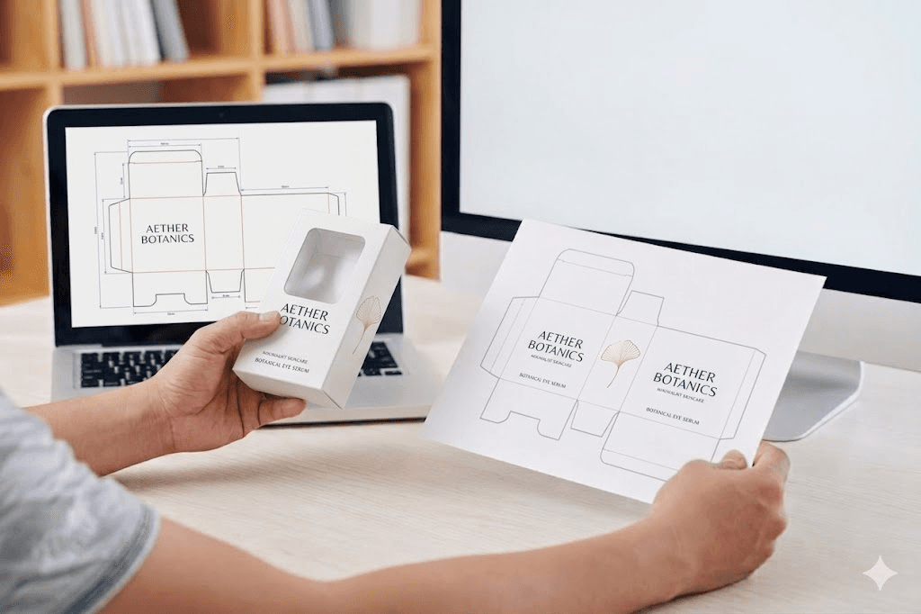 Hands holding Aether Botanics packaging and printed design, with a laptop displaying the package layout in the background.