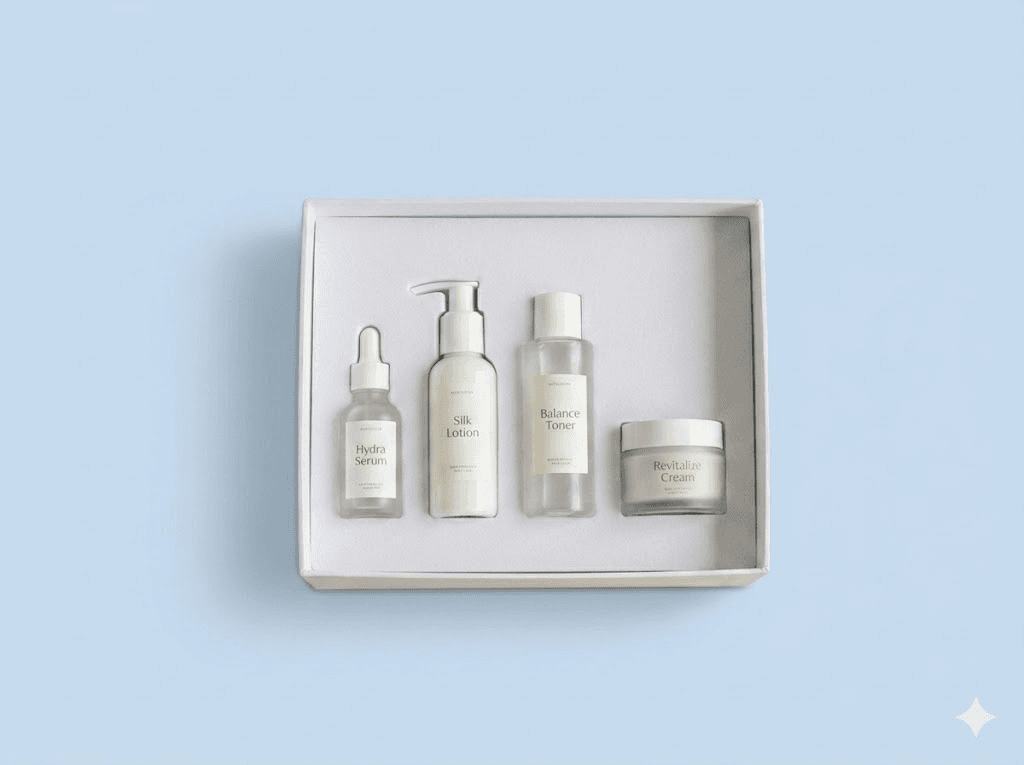 Skincare set in a box with Hydra Serum, Silk Lotion, Balance Toner, and Revitalize Cream against a light blue background.