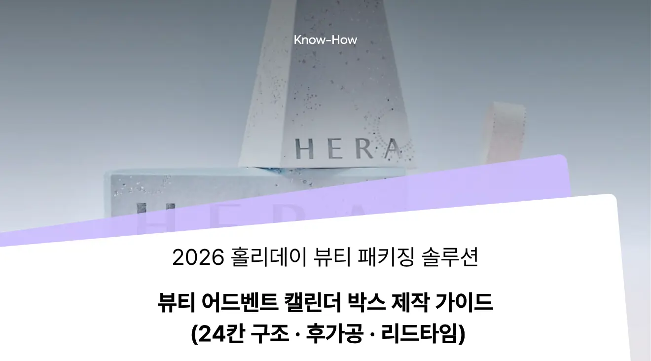 HERA 홀리데이 패키지 사진을 배경으로 뷰티 어드벤트 캘린더 박스의 24칸 구조, 후가공과 제작 일정을 소개하는 가로형 가이드 표지.