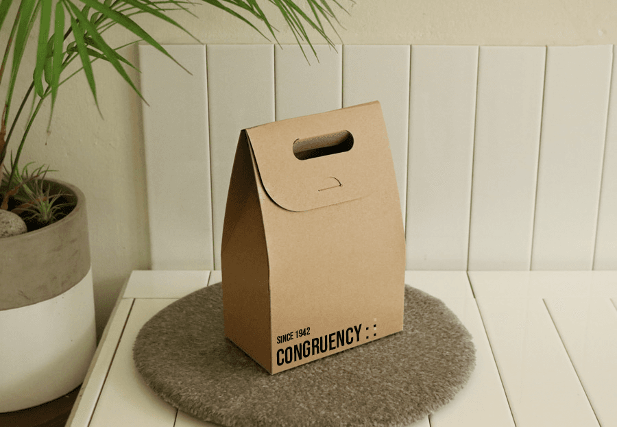 Folded handle box with a simple message printed at the bottom