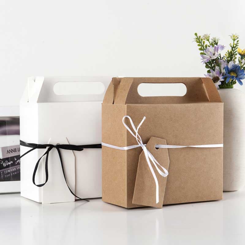 Corrugated handle box wrapped with a ribbon
